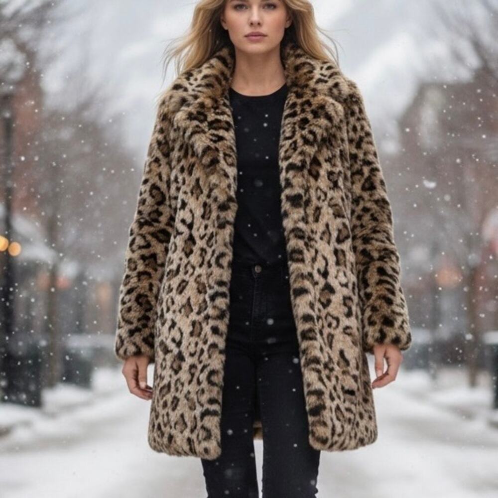 BB Dakota Coat Leopard Faux Fur Collared Buttons Pockets Lined Size med